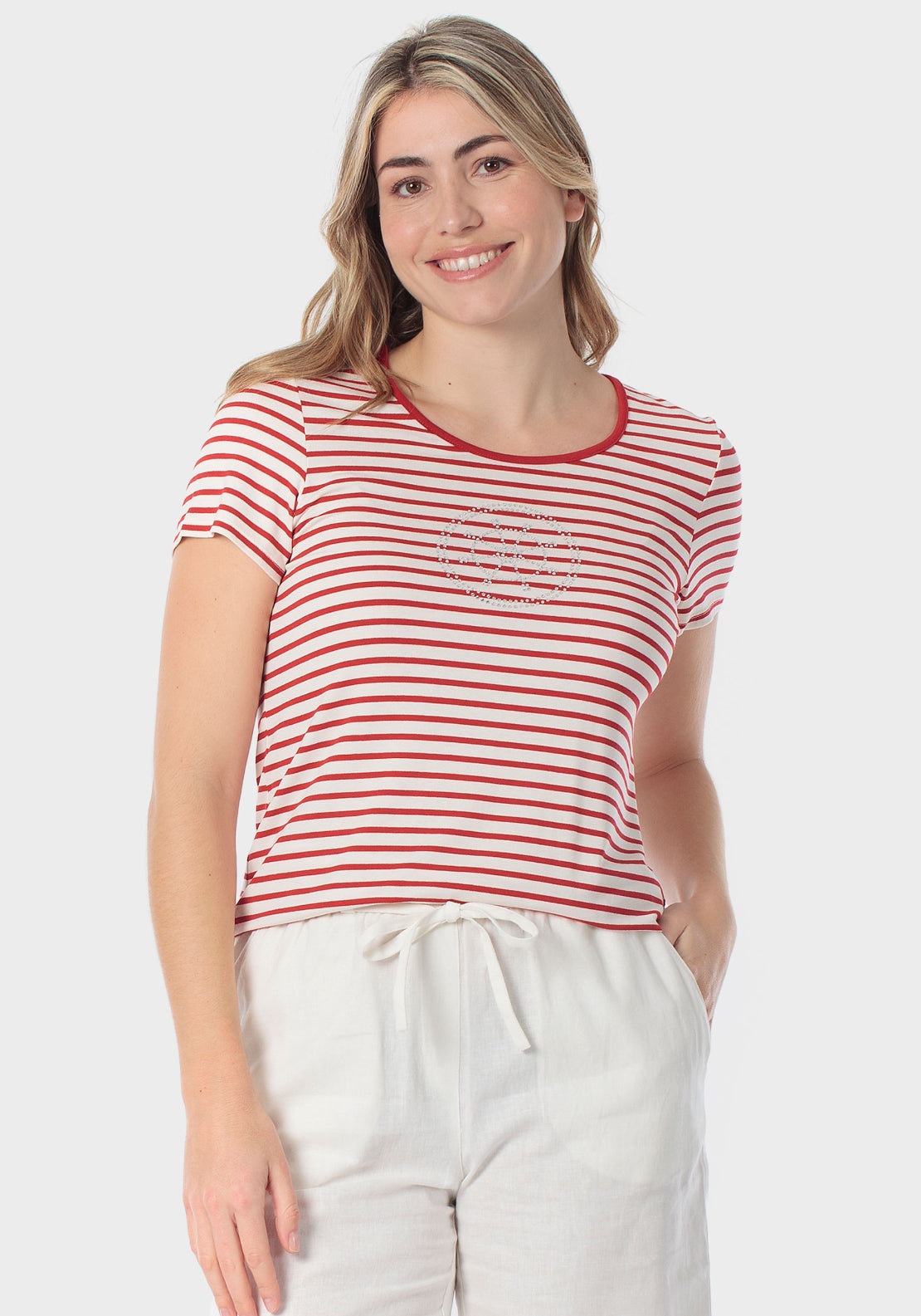 Striped T-Shirt With Gemstone Details - Red