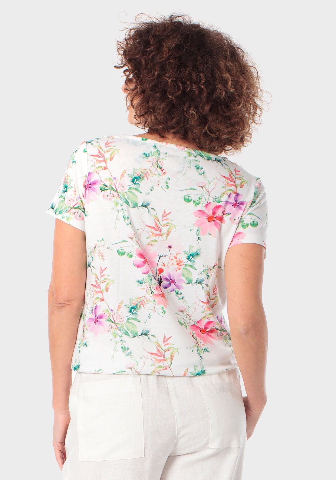 Floral Print Round Neck T-Shirt - Pink