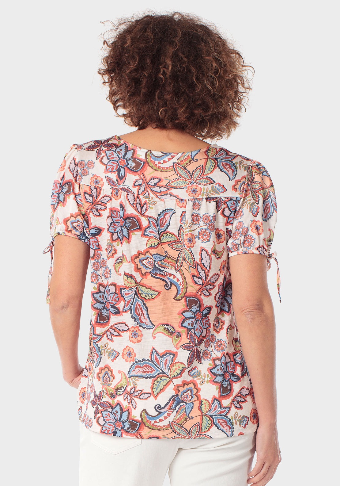 Floral Print Round V Neck T-Shirt - Orange