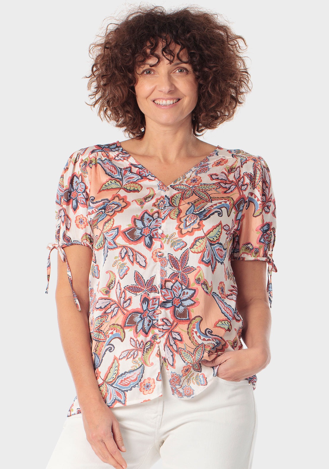Floral Print Round V Neck T-Shirt - Orange