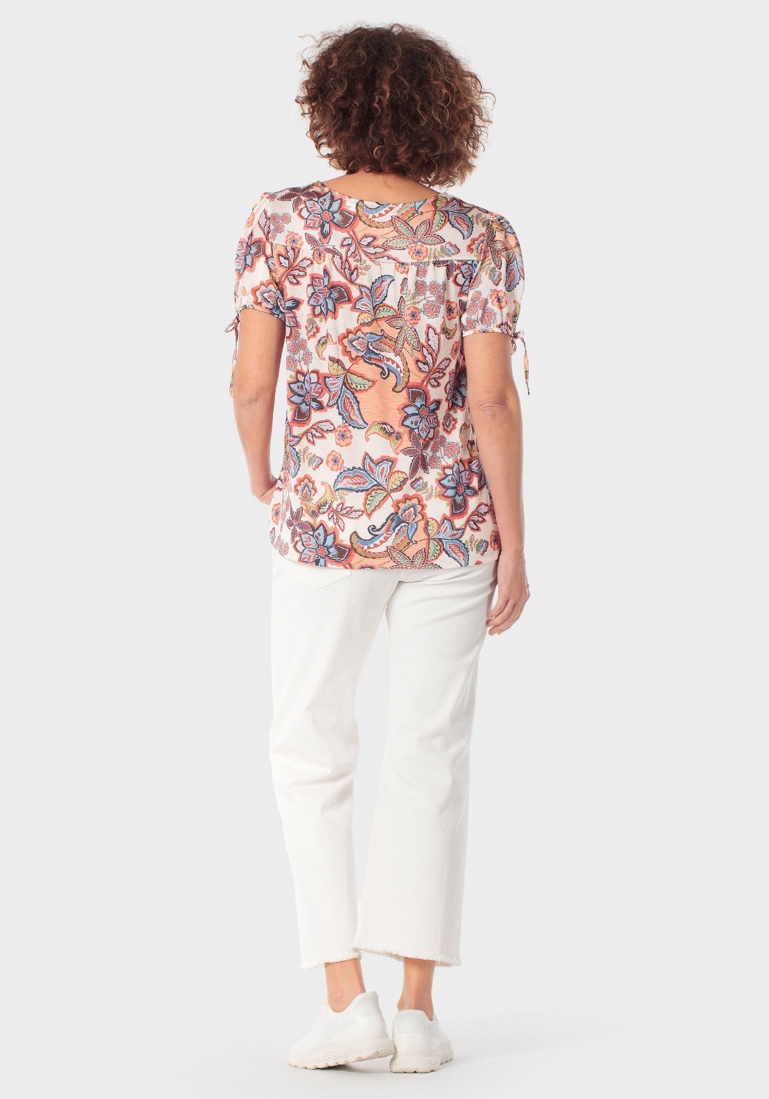 Floral Print Round V Neck T-Shirt - Orange