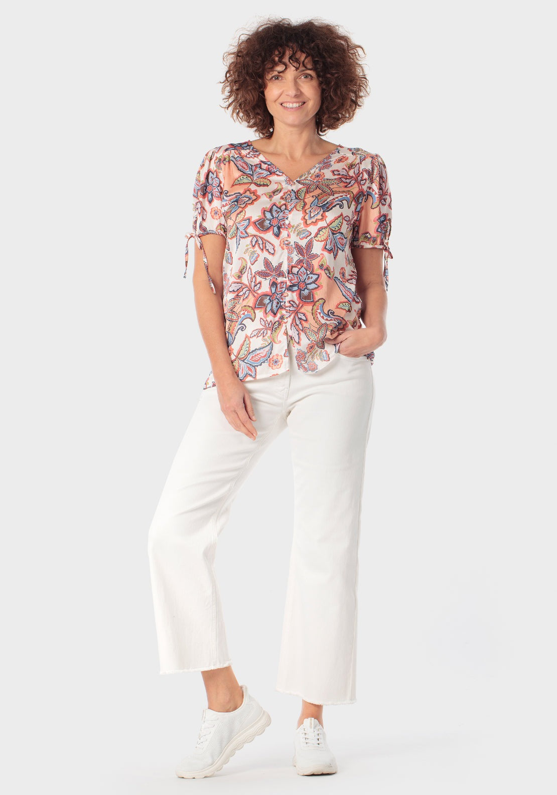 Floral Print Round V Neck T-Shirt - Orange