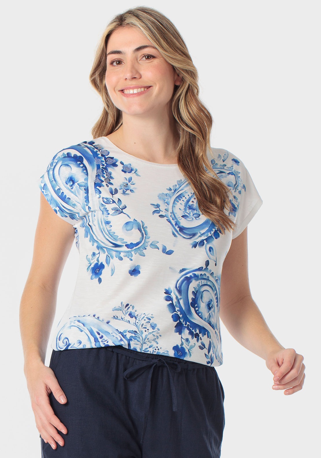 Cashmere Round Neck Print T-Shirt - Blue