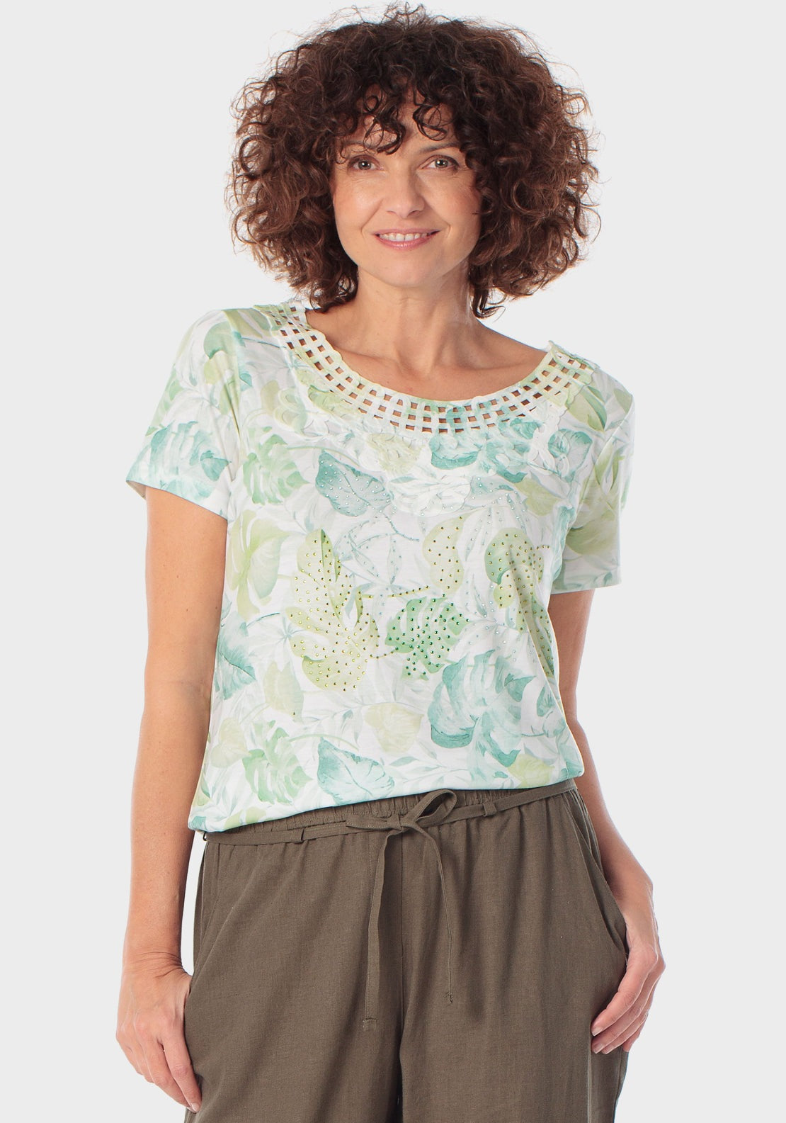 Tropical Print Gemstone Details T-Shirt - Green