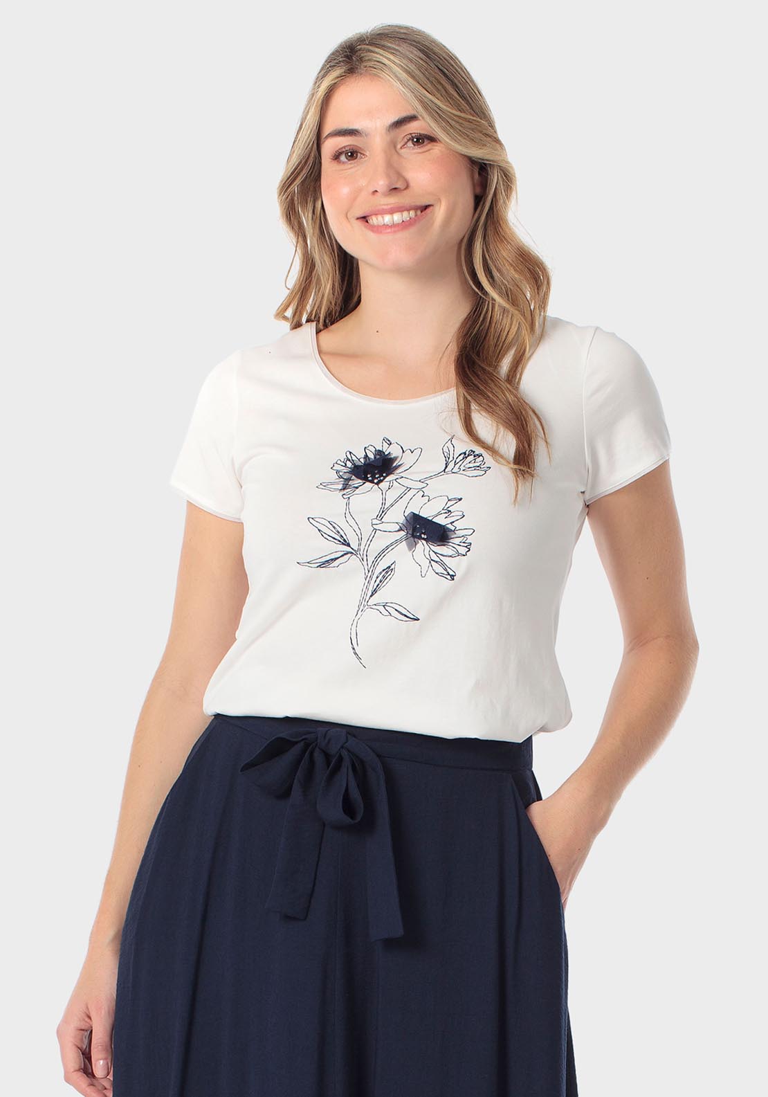 Punt Roma Floral Embroidered T-Shirt - White 1 Shaws Department Stores