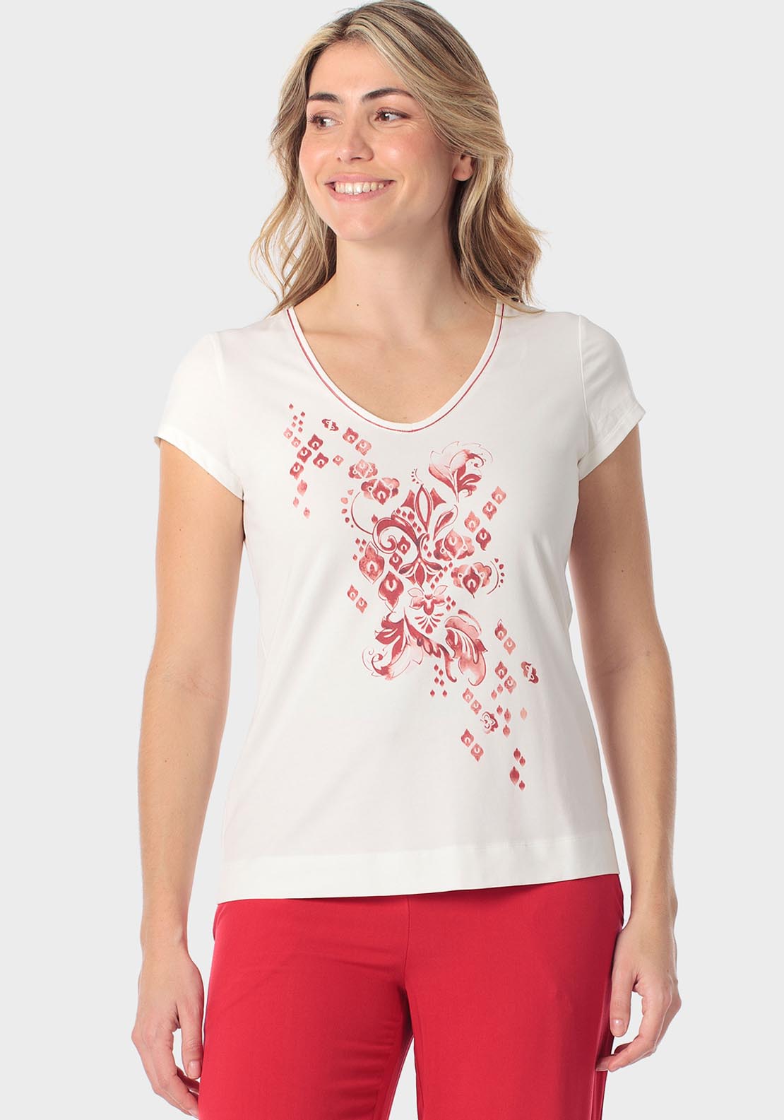 Punt Roma V-Neck Print T-Shirt - Red 1 Shaws Department Stores