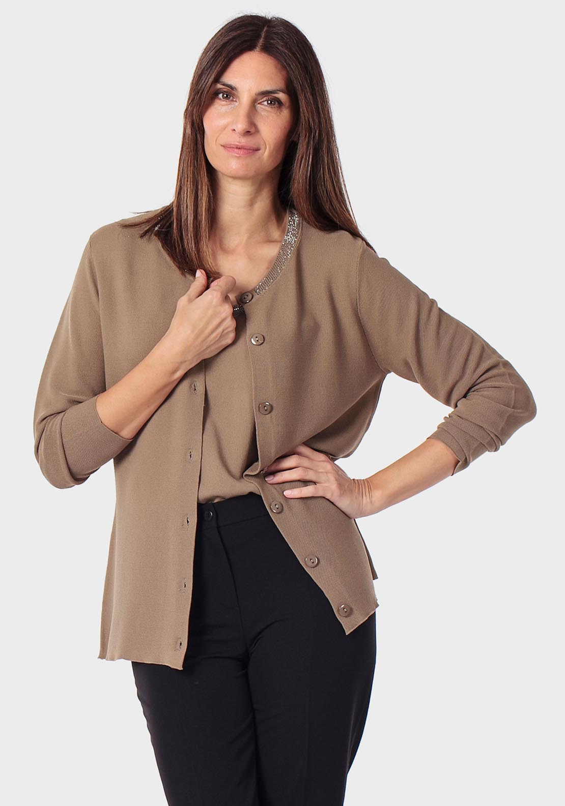 Cardigan With Gemstones - Green Khaki