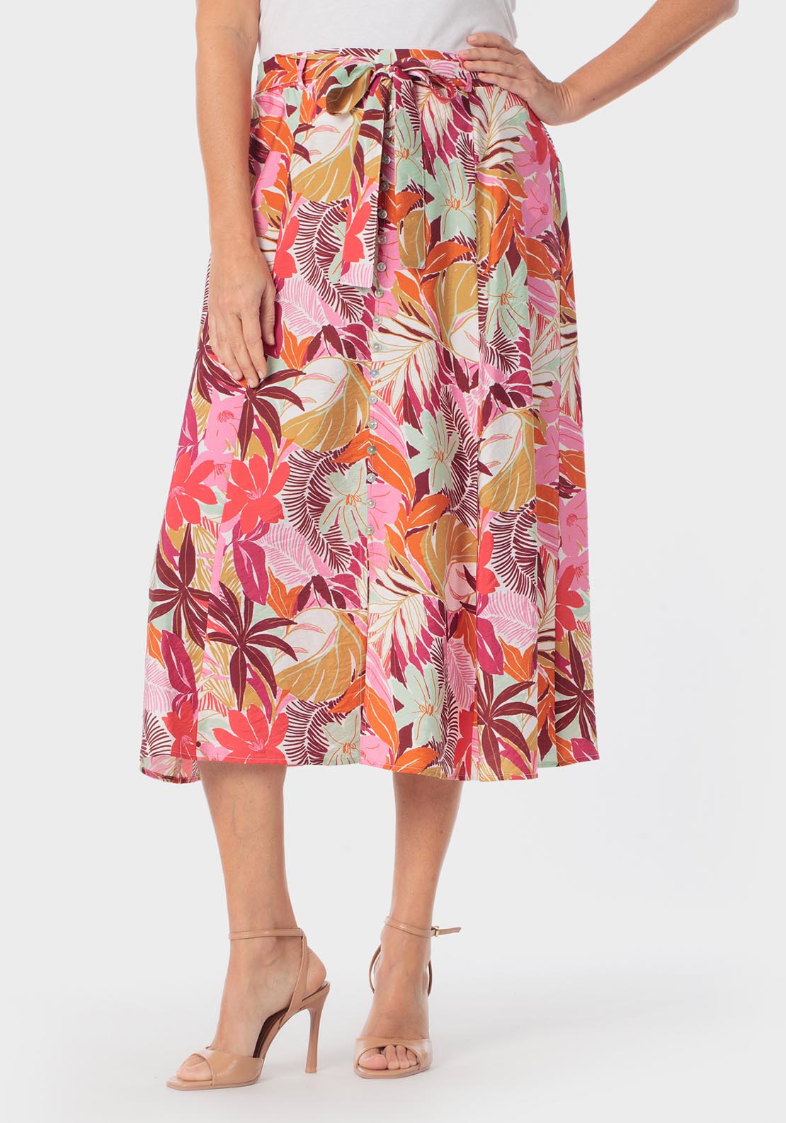 Punt Roma Floral Print Skirt With Tie Details - Pink 1 Shaws Department Stores