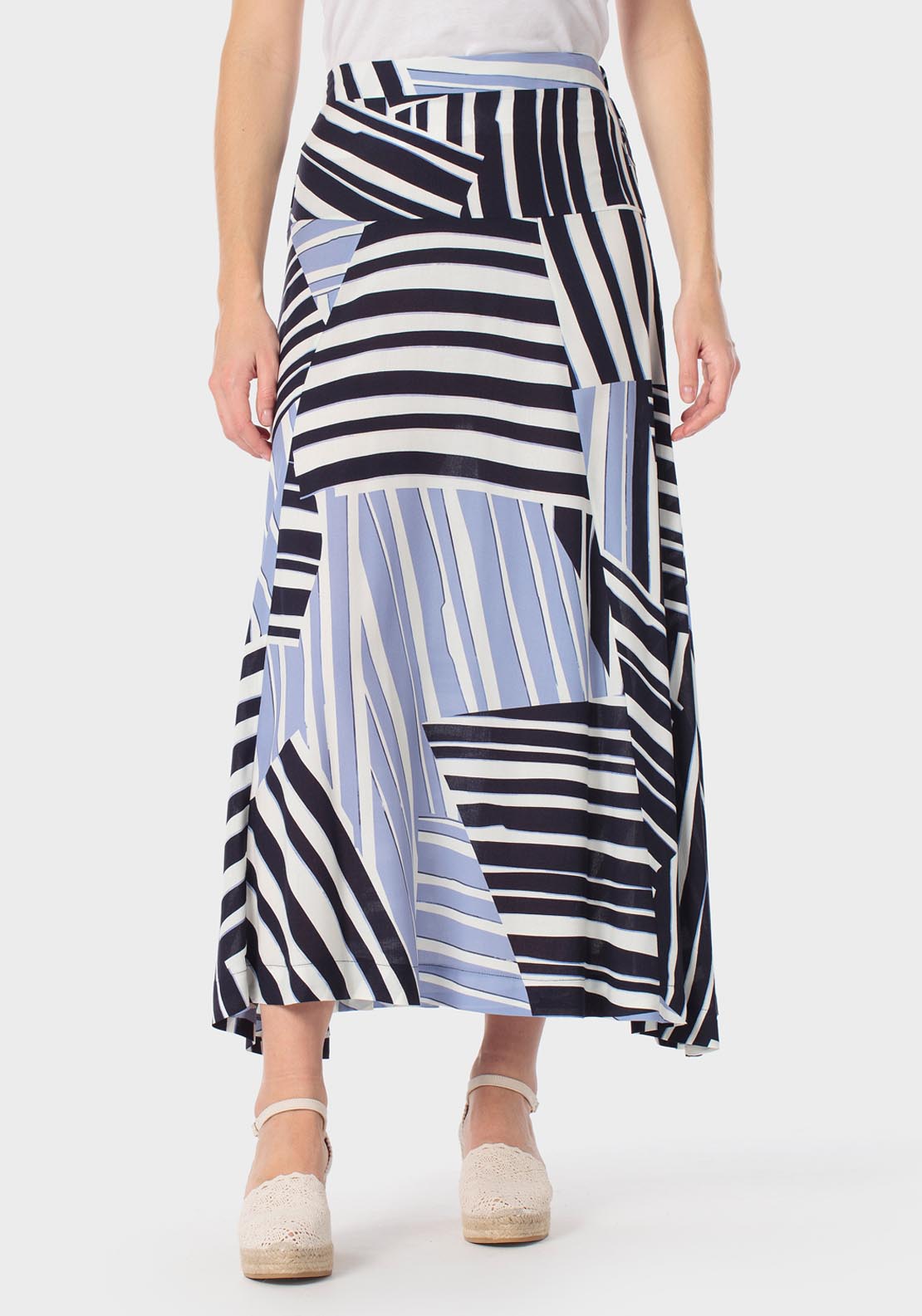Punt Roma Long Printed Elastic Waist Skirt - Navy 1 Shaws Department Stores