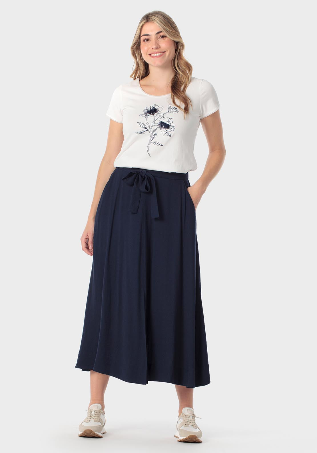 Punt Roma Long Skirt With Tie Detail - Navy 3 Shaws Department Stores