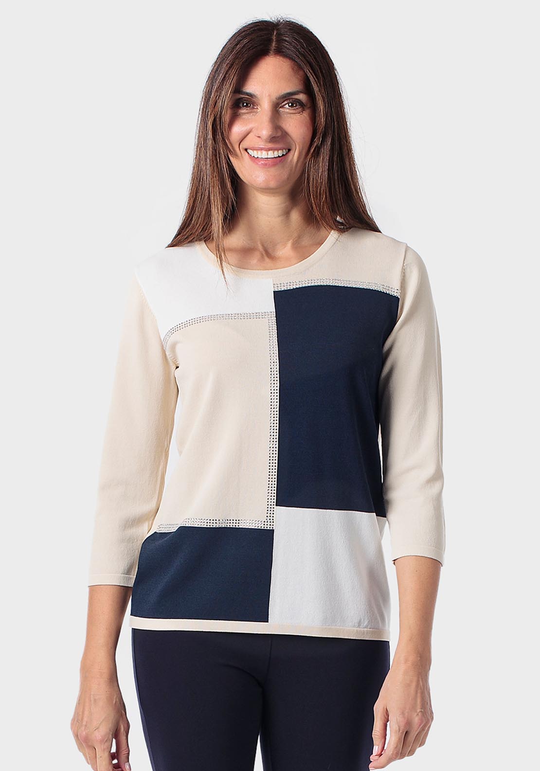 Intarsia Sweater With Rhinestone - Beige
