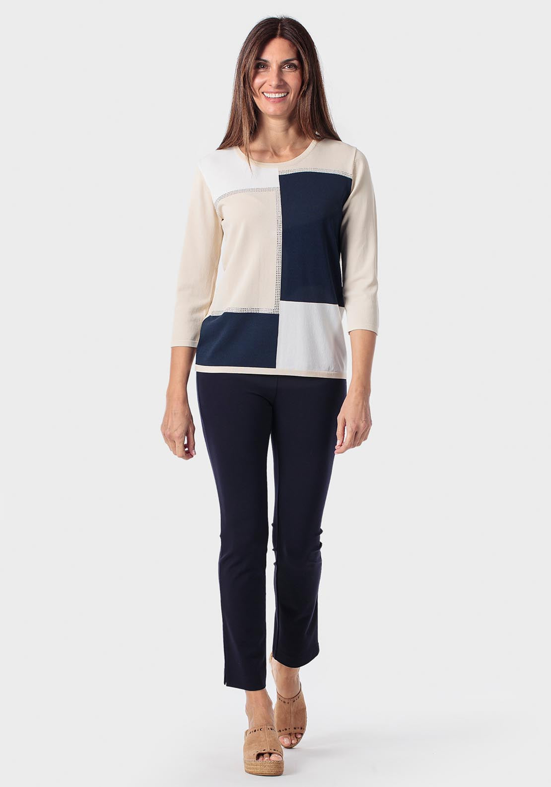 Intarsia Sweater With Rhinestone - Beige