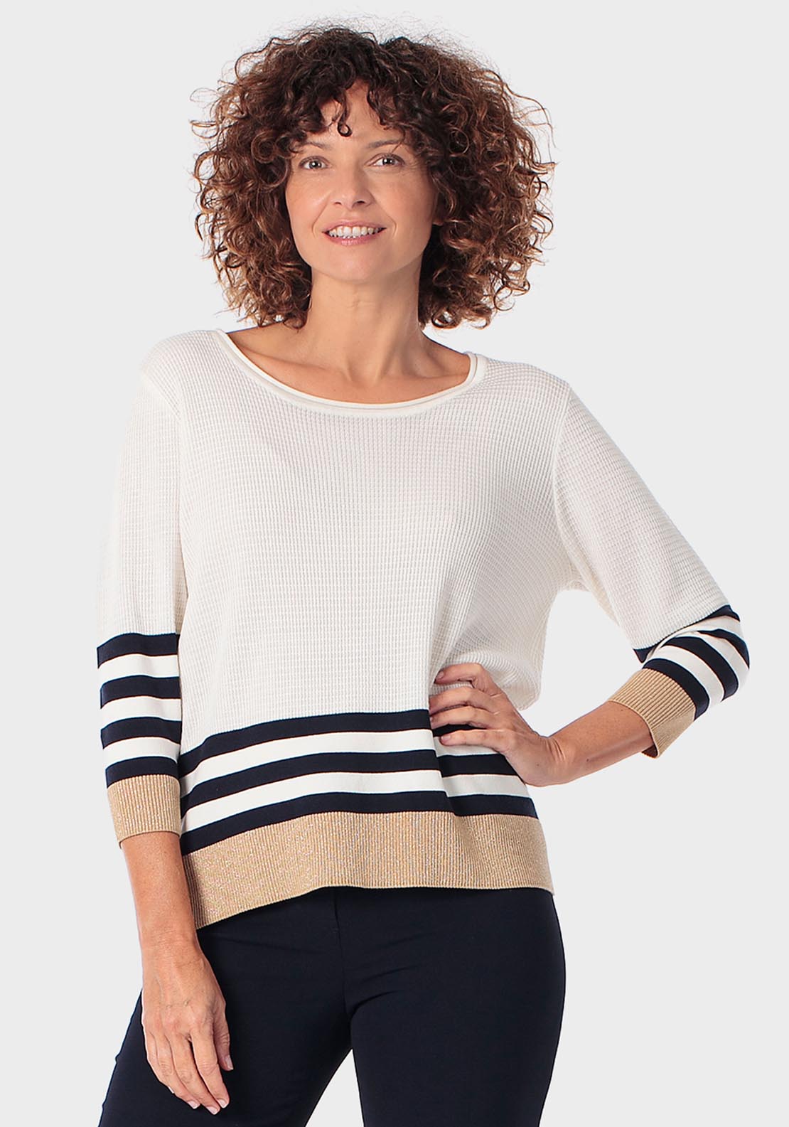 Striped Sweater With Metallic Thread - Beige