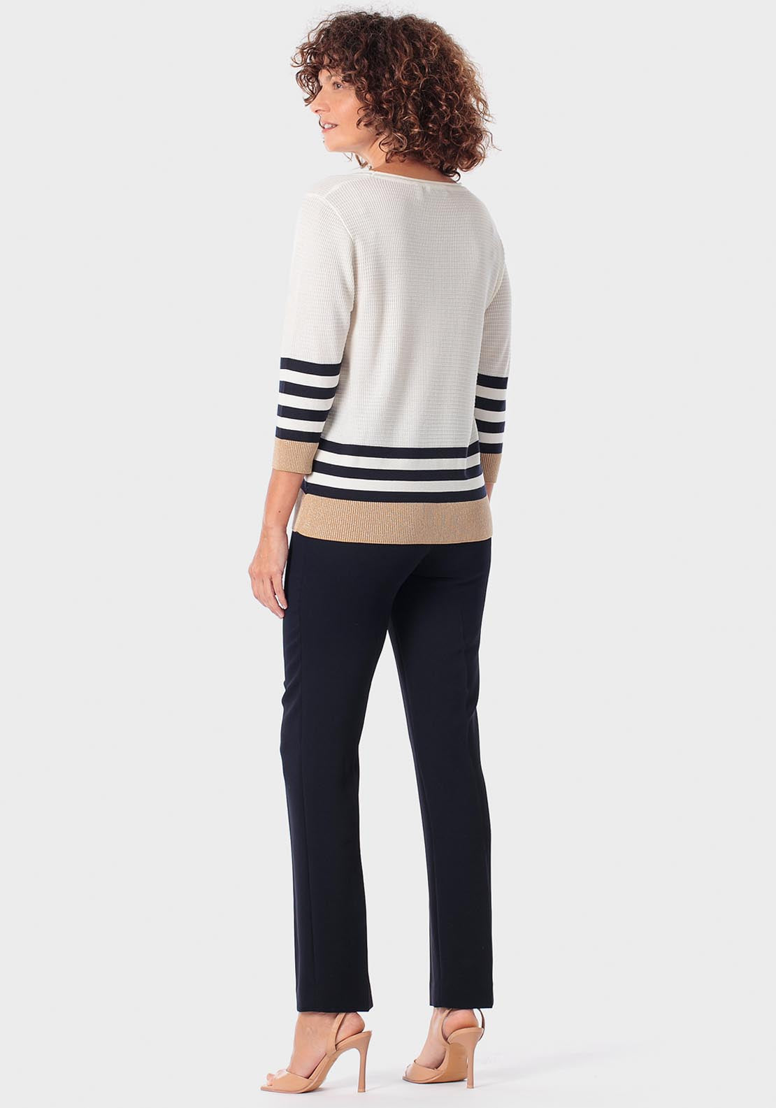 Striped Sweater With Metallic Thread - Beige