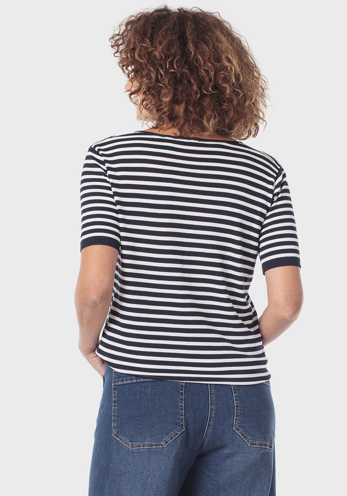 Striped Short-Sleeved Sweater - Blue Navy