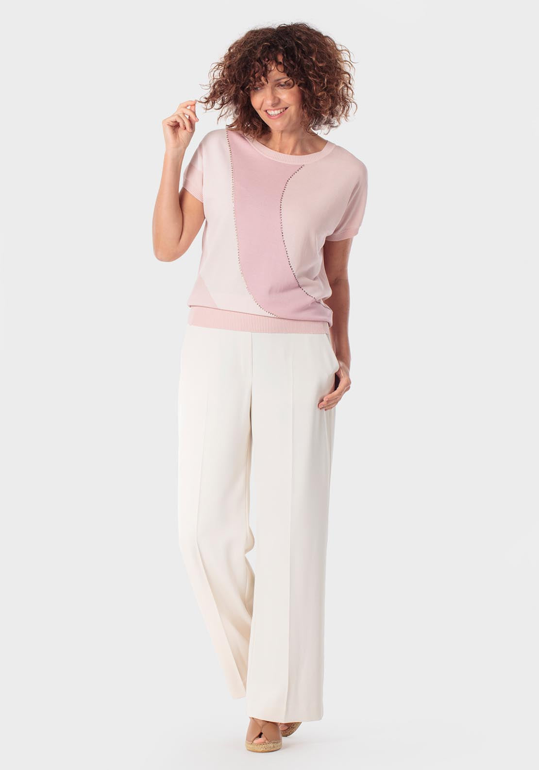 Abstract Rhinestone Intarsia Sweater - Pink Nude