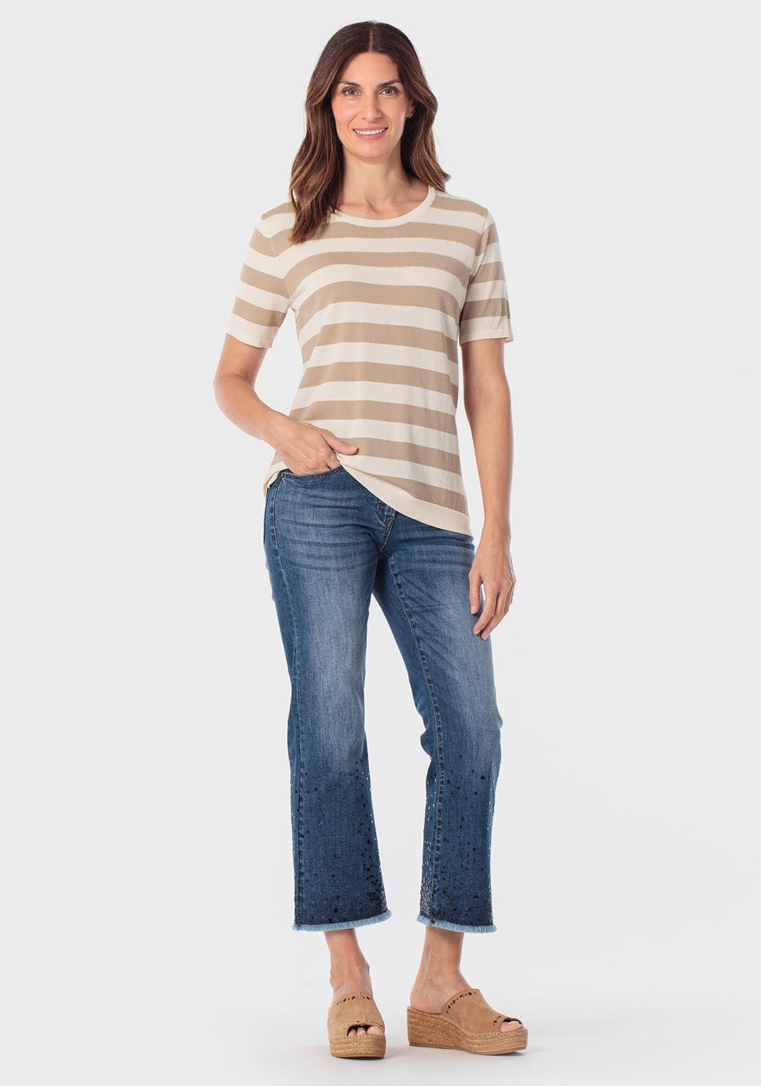 Striped Sweater With Sequins - Beige