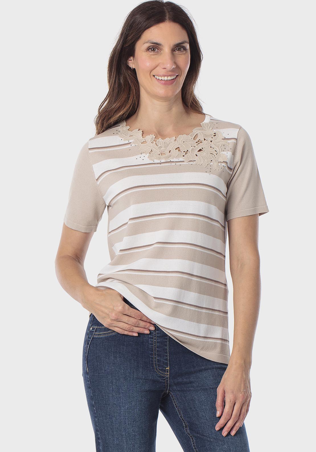 Rhinestone Striped Sweater - Beige