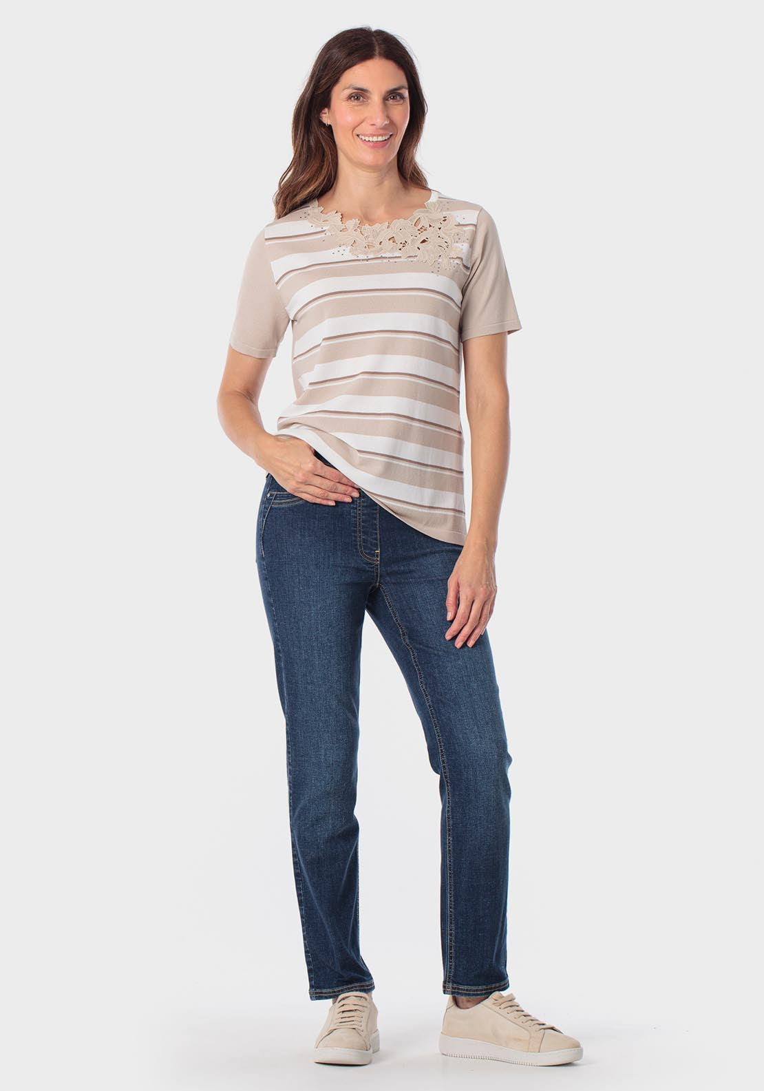 Rhinestone Striped Sweater - Beige