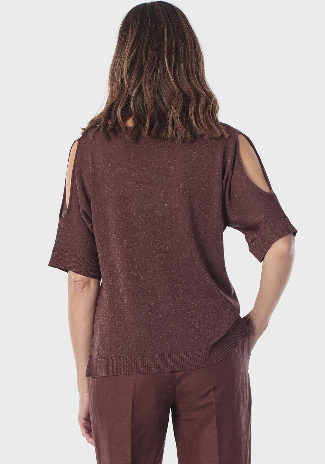 Cold Shoulder Metallic Thread Sweater - Brown