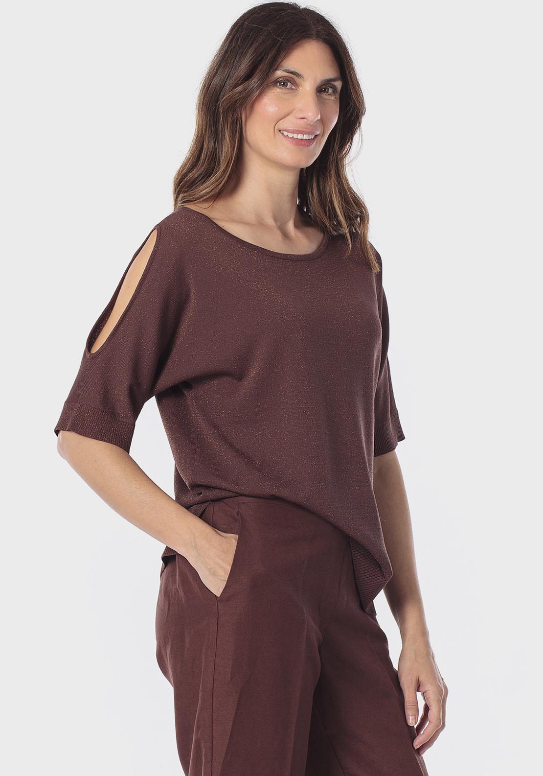 Cold Shoulder Metallic Thread Sweater - Brown