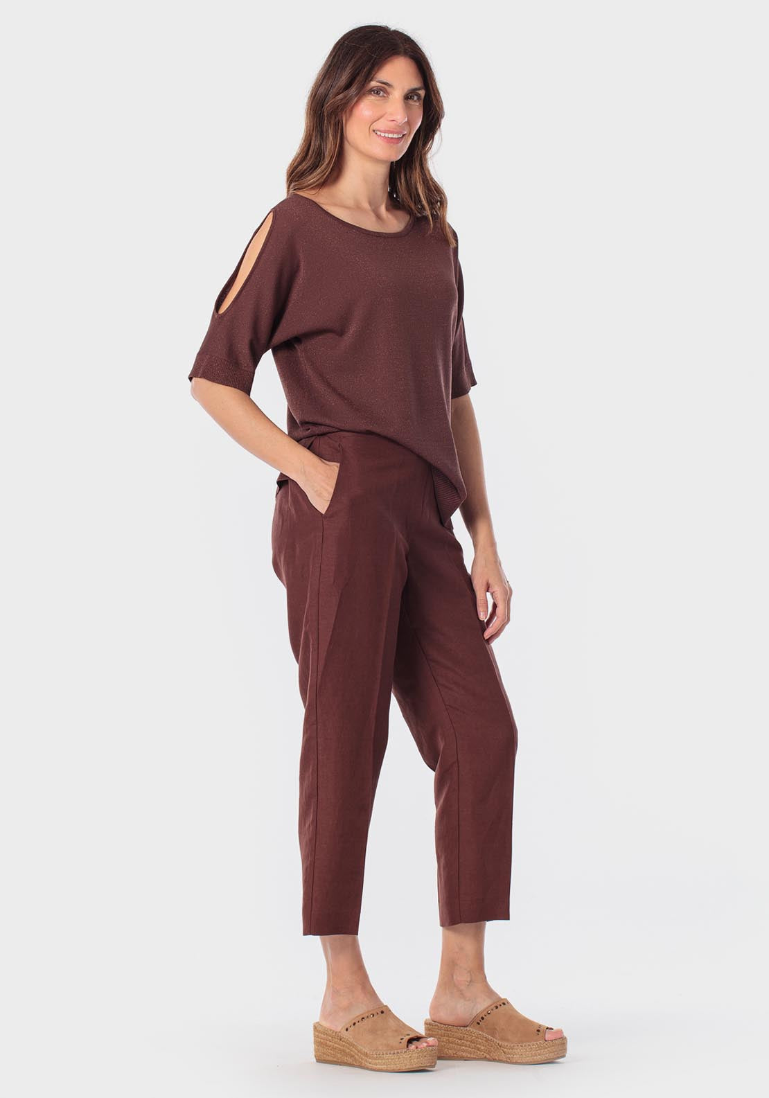 Cold Shoulder Metallic Thread Sweater - Brown