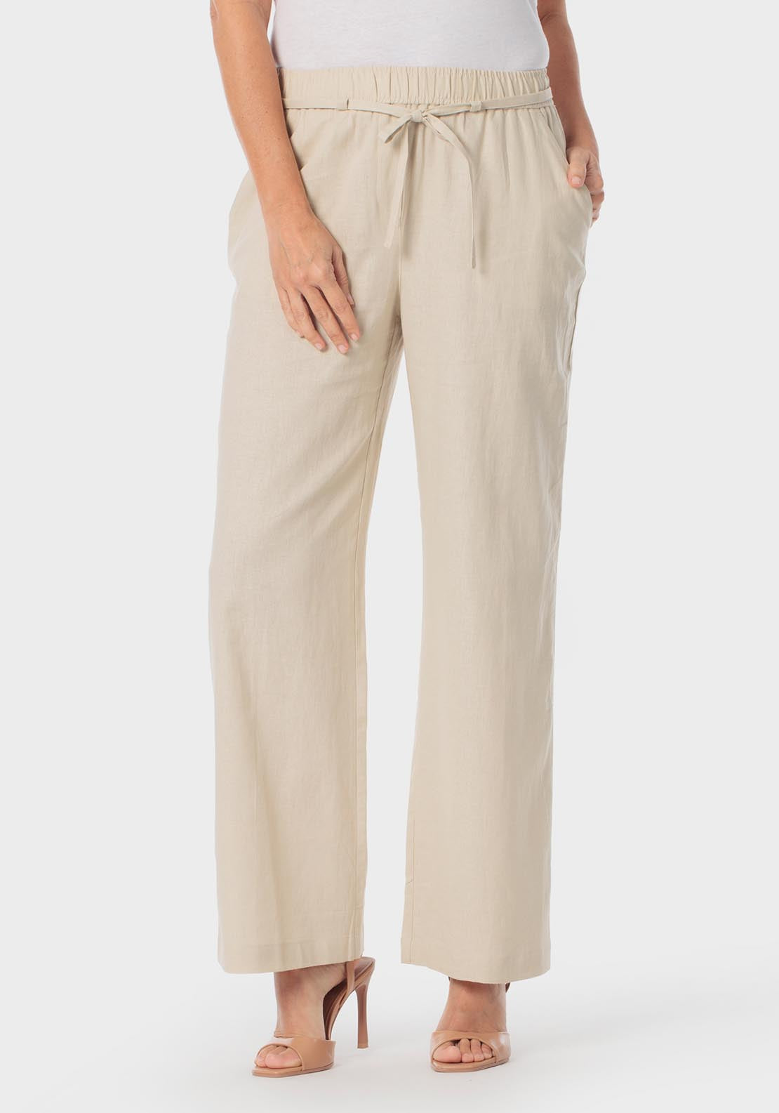 Punt Roma Adjustable Waisted Linen Trousers - Beige 1 Shaws Department Stores