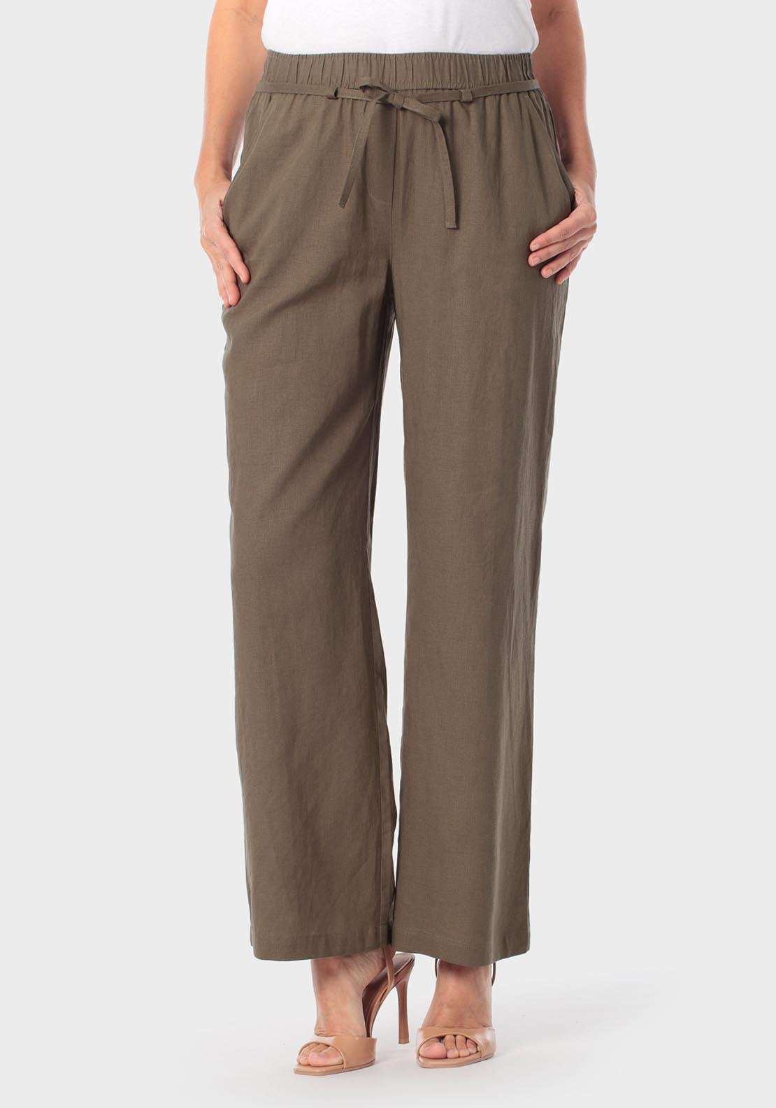 Punt Roma Adjustable Waisted Linen Trousers - Green 1 Shaws Department Stores