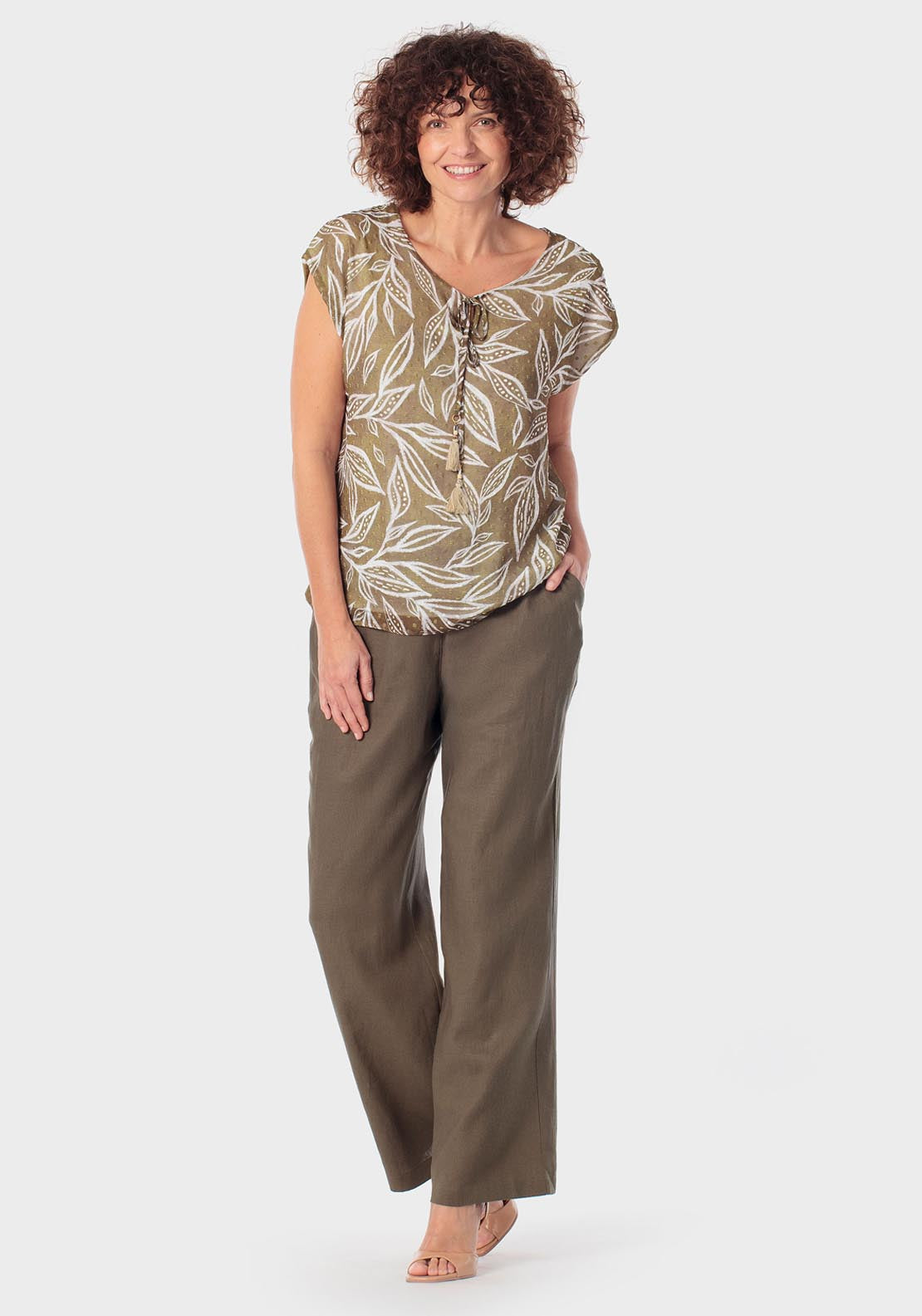 Punt Roma Adjustable Waisted Linen Trousers - Green 3 Shaws Department Stores
