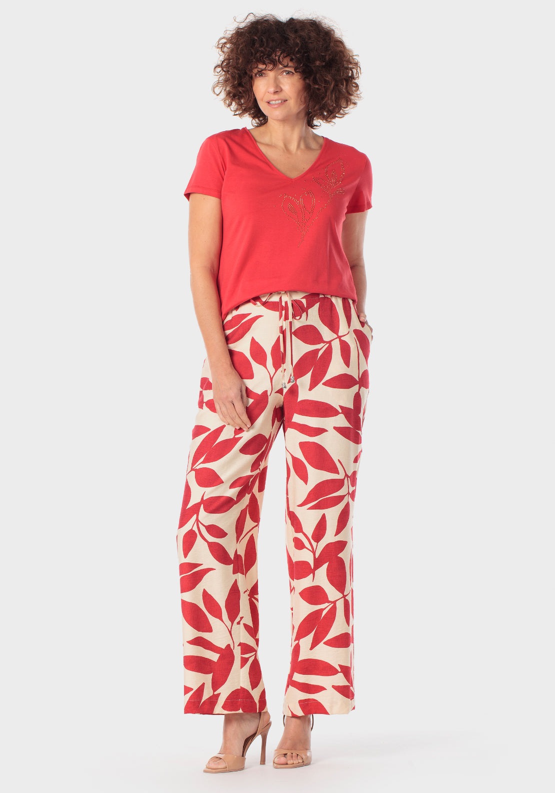 Leaf Print Trousers - Red