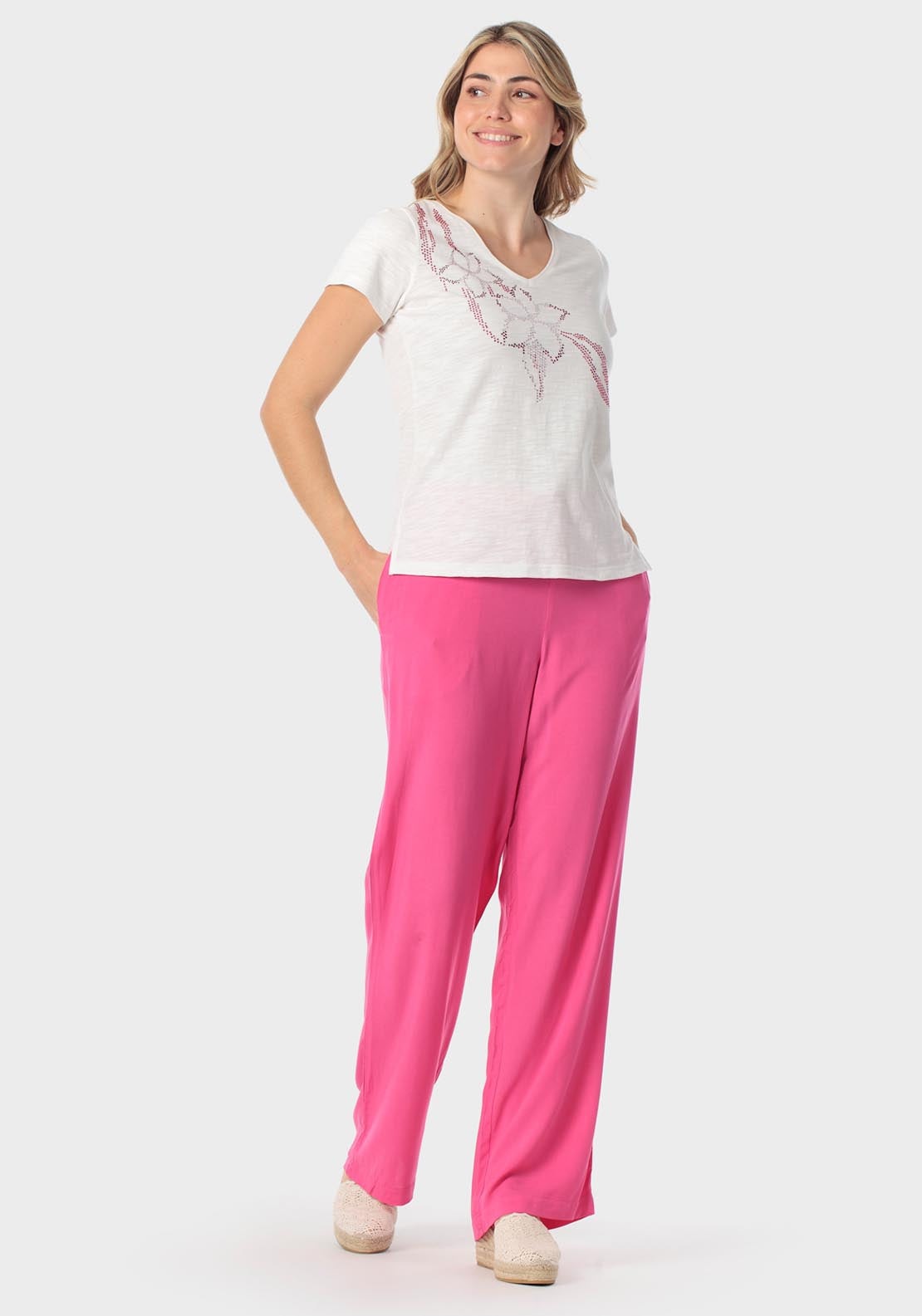 Punt Roma Palazzo Trousers With Tie Detail - Pink 3 Shaws Department Stores