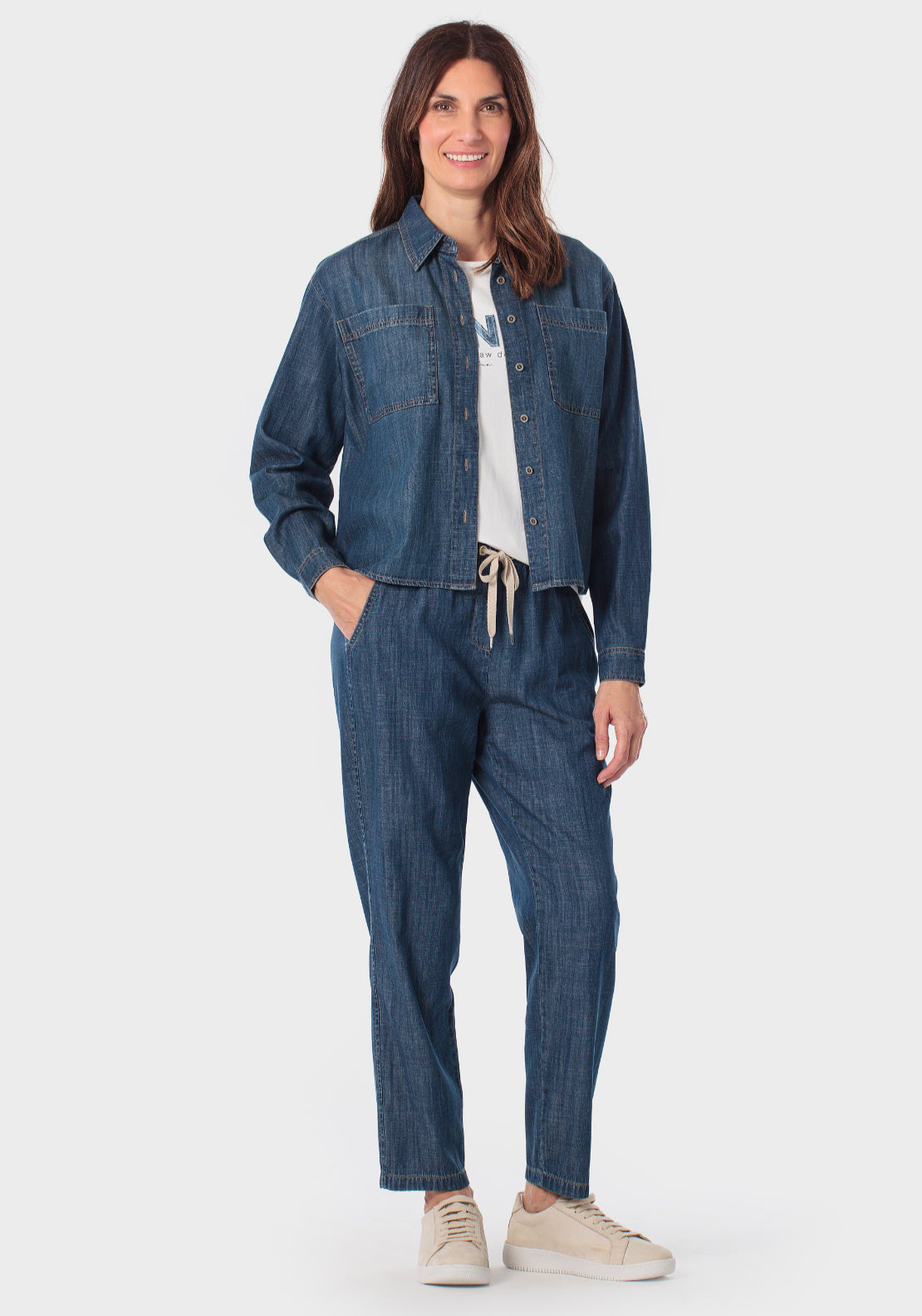Denim Look Chambray Trousers - Blue Denim