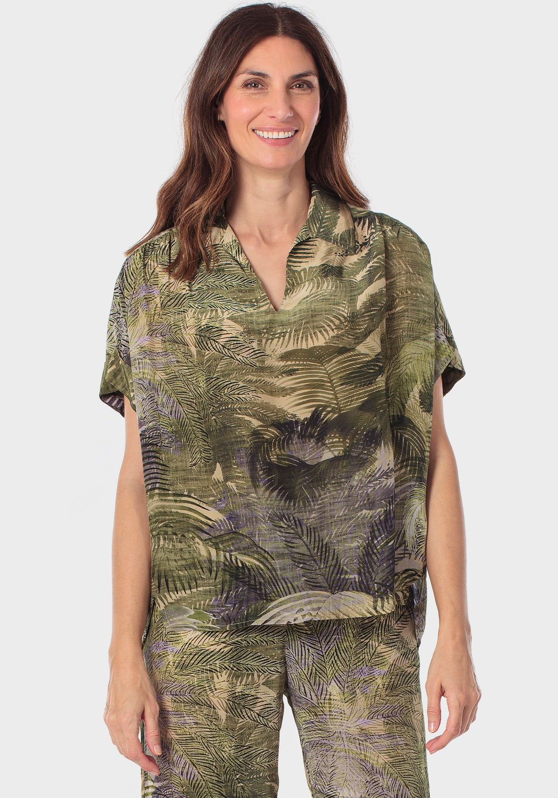 Punt Roma Short Sleeve Printed Pleated Top - Green 1 Shaws Department Stores