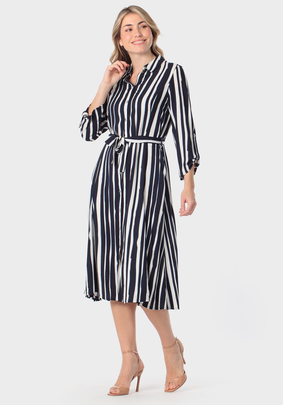 Punt Roma Striped Belted Shirt Dress - Navy 1 Shaws Department Stores