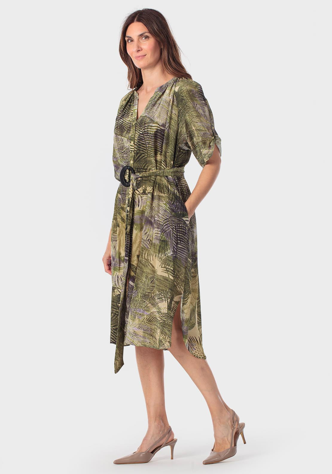Tropical Print Dress - Green Khaki