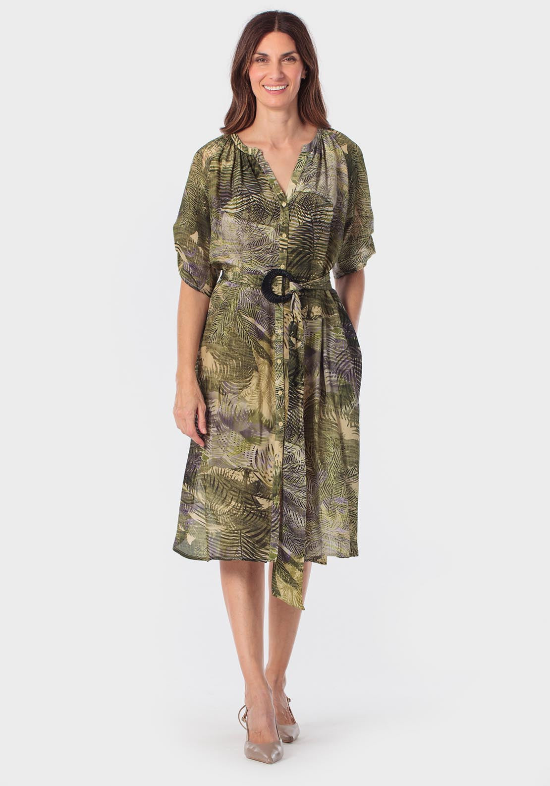 Tropical Print Dress - Green Khaki
