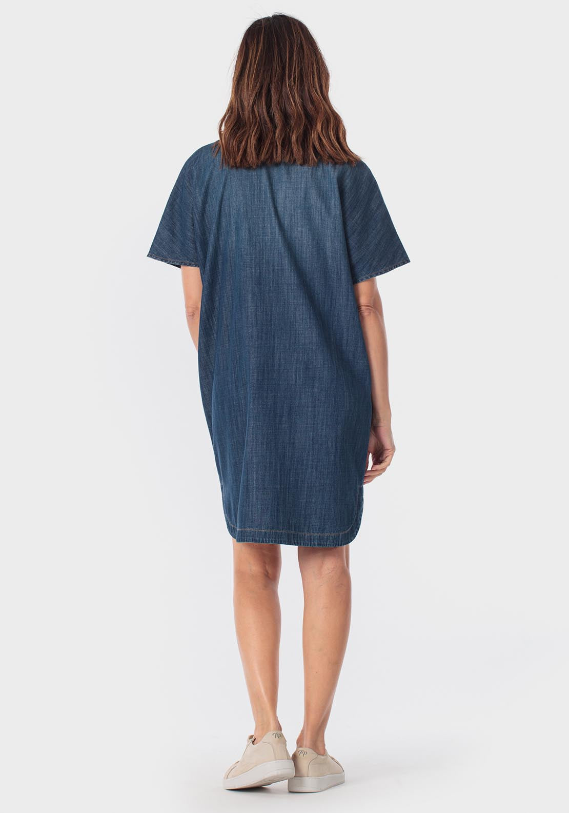 Printed Pleated Shirt Dress - Blue Denim