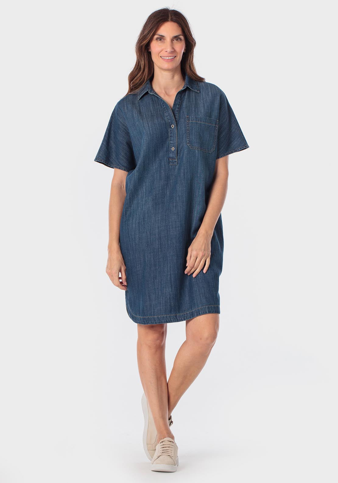 Printed Pleated Shirt Dress - Blue Denim