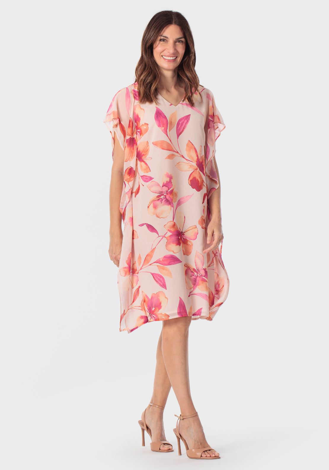 Floral Waterfall Sleeve Dress - Pink