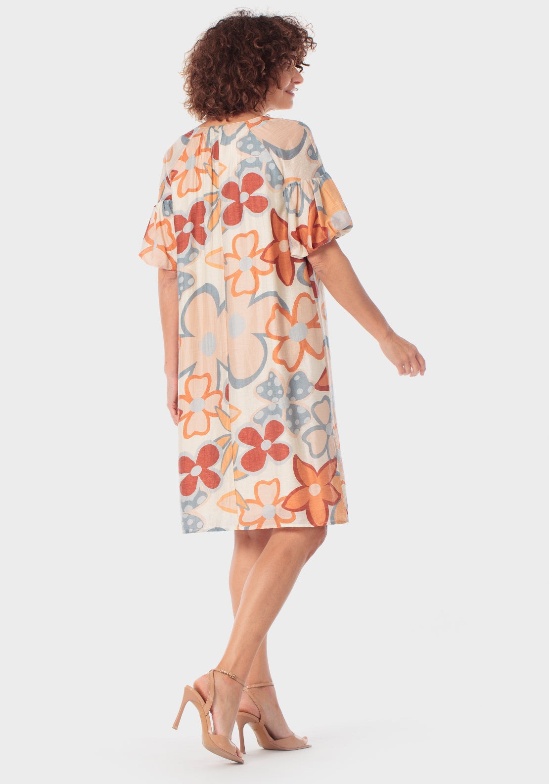 Floral Print Dress with Puff Sleeves - Orange