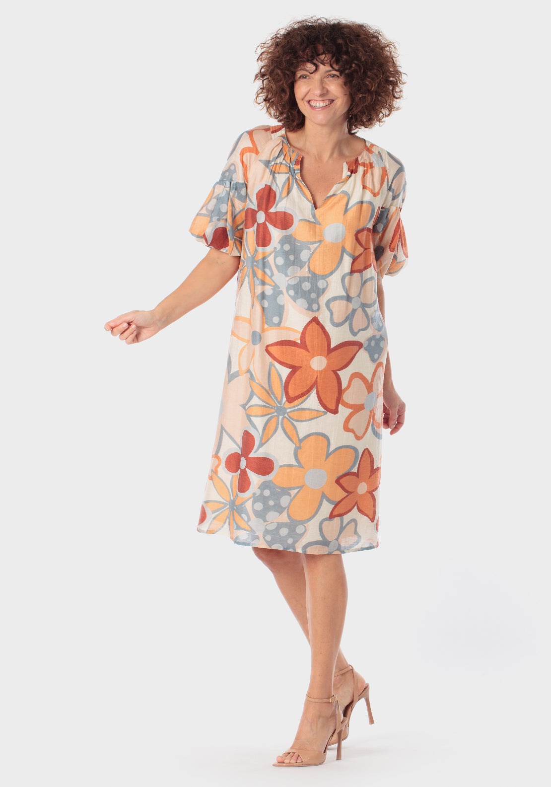Floral Print Dress with Puff Sleeves - Orange