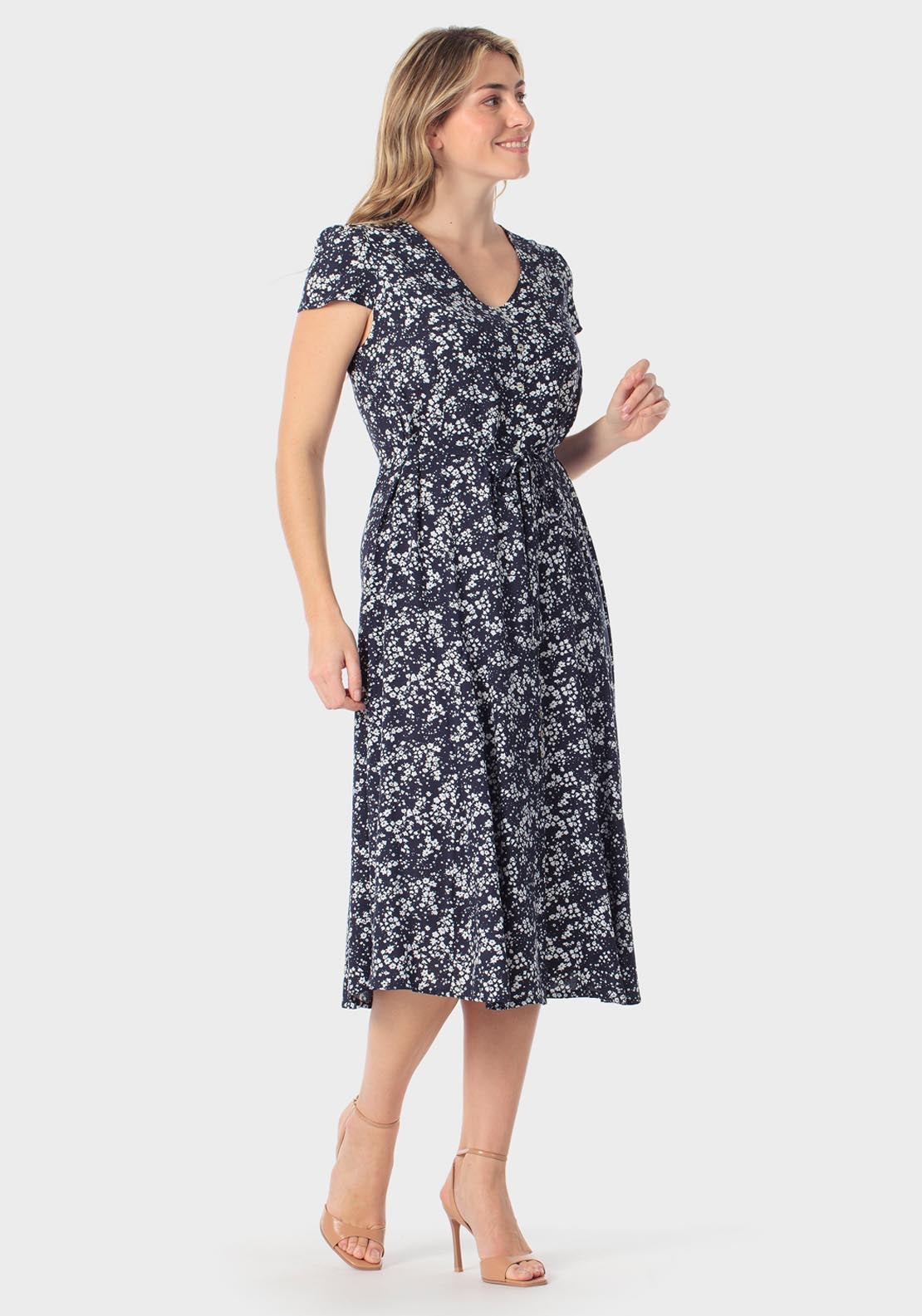 Punt Roma Floral Print Belted Dress - Navy 1 Shaws Department Stores