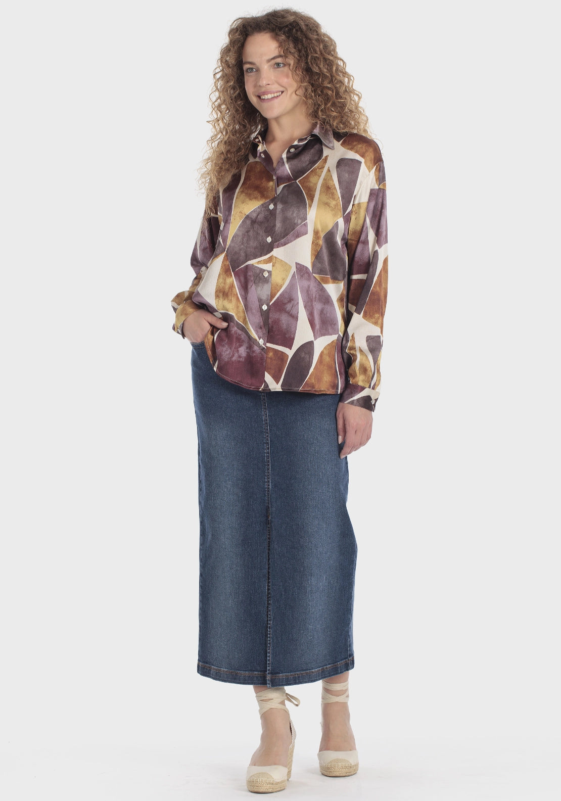 Printed Long Sleeve Buttoned Shirt - Purple Mulberry