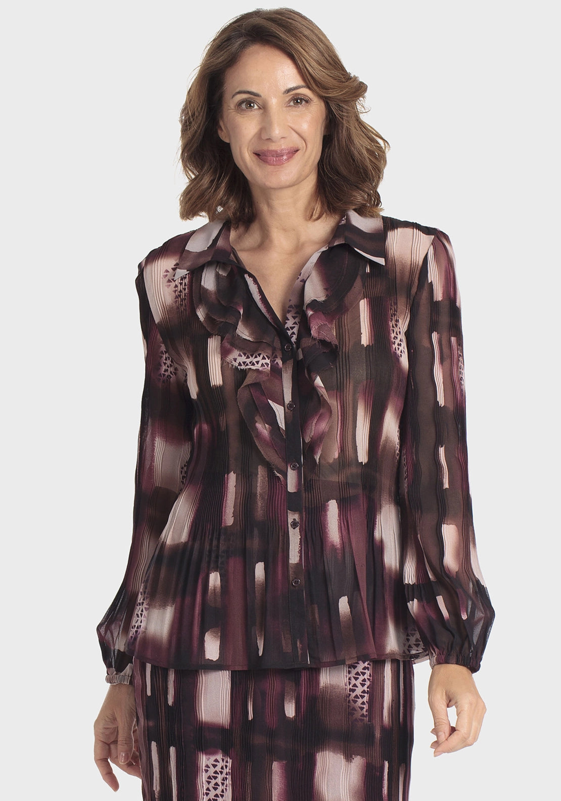 Lightweight  Printed Pleated Shirt - Brown