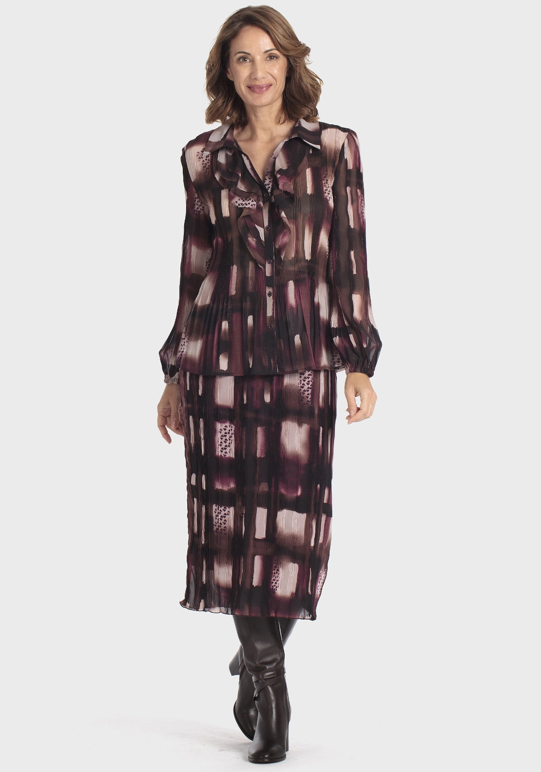 Lightweight  Printed Pleated Shirt - Brown