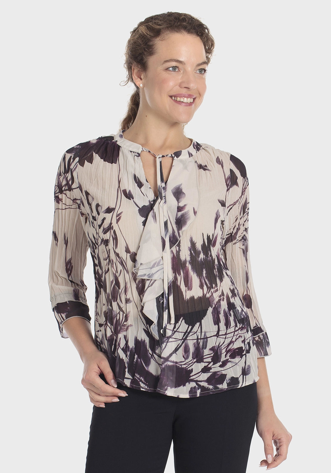 Printed Pleated Shirt - Beige
