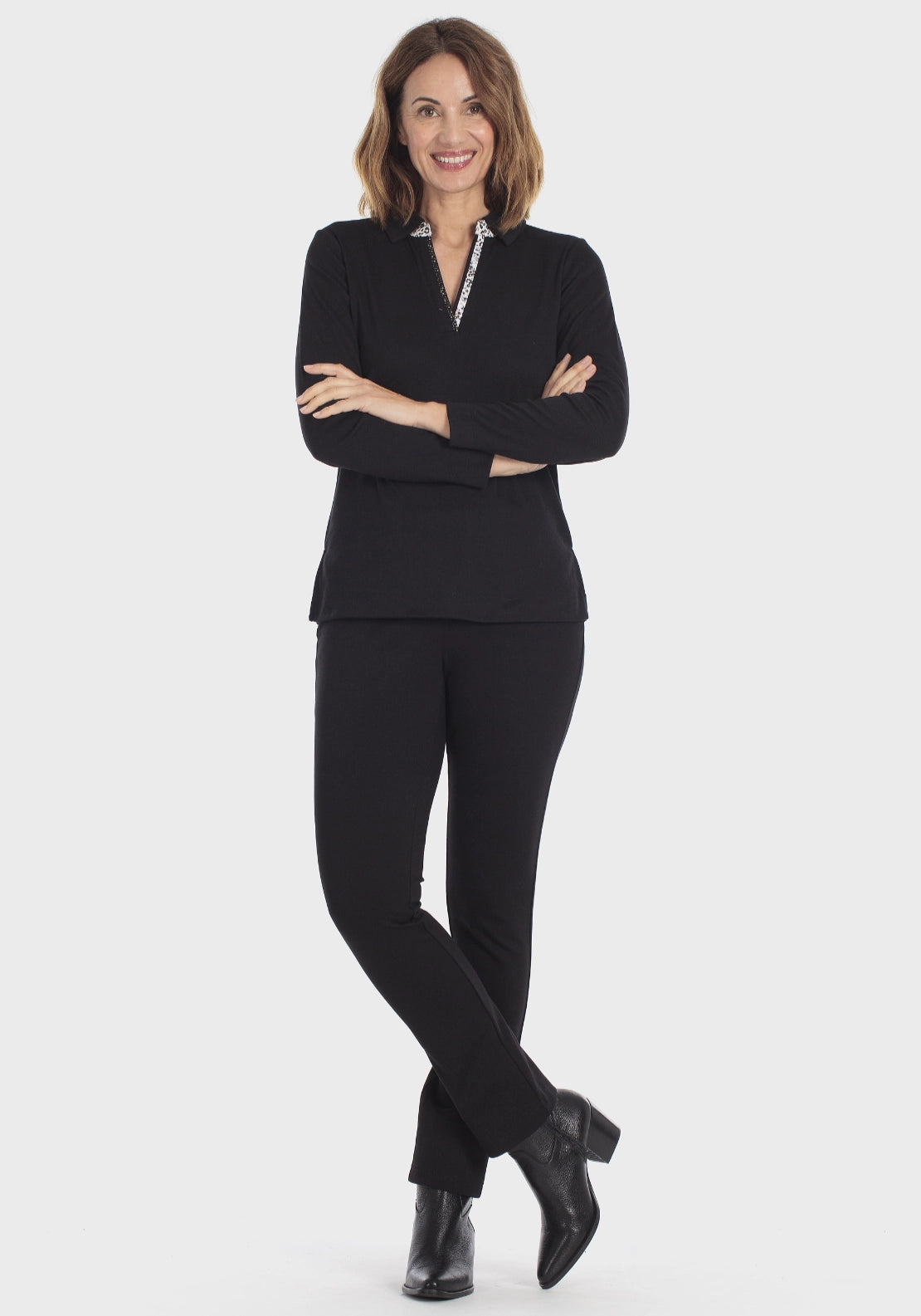 Embellished Long Sleeve Polo - Black