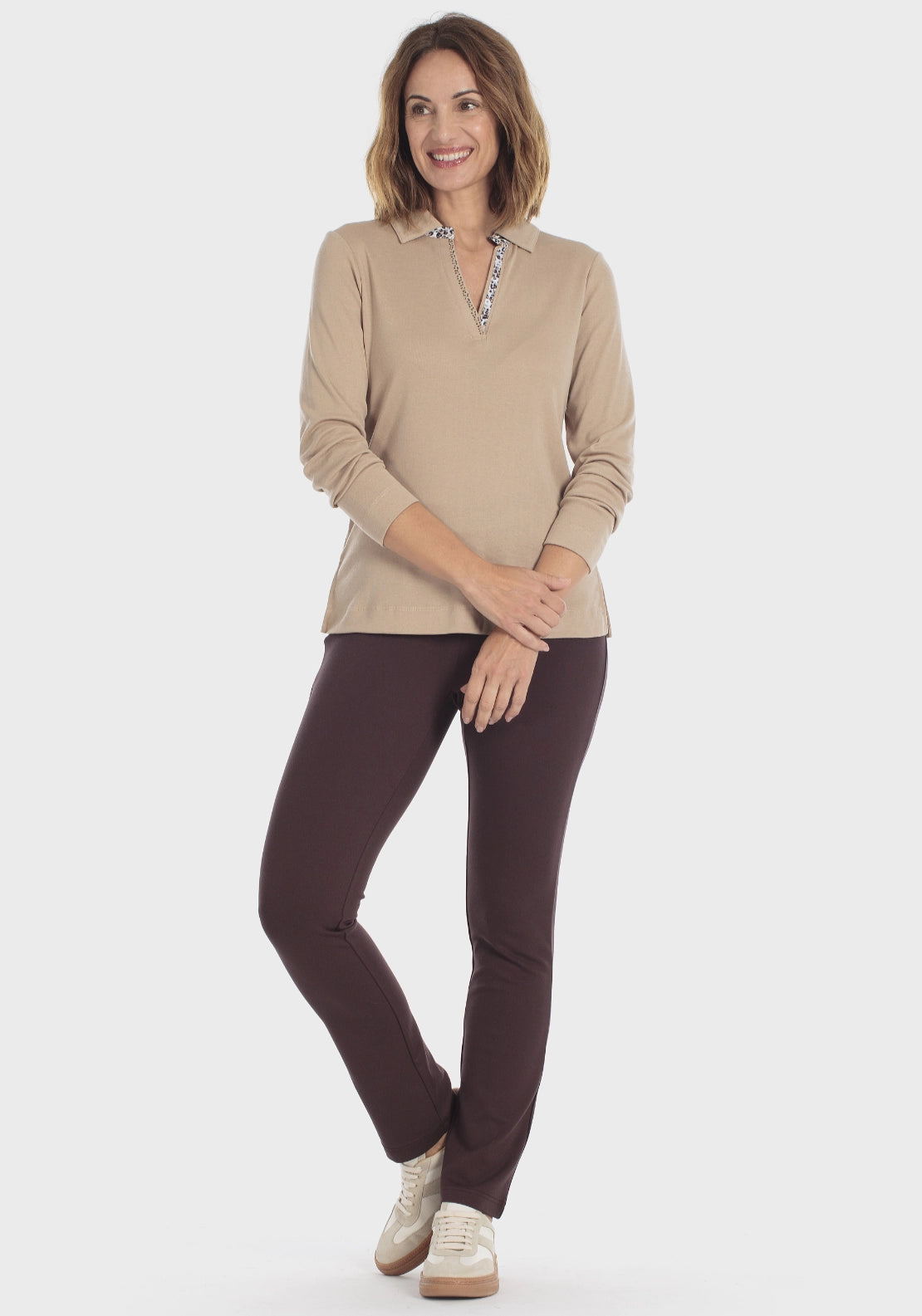 Embellished Long Sleeve Polo - Cream