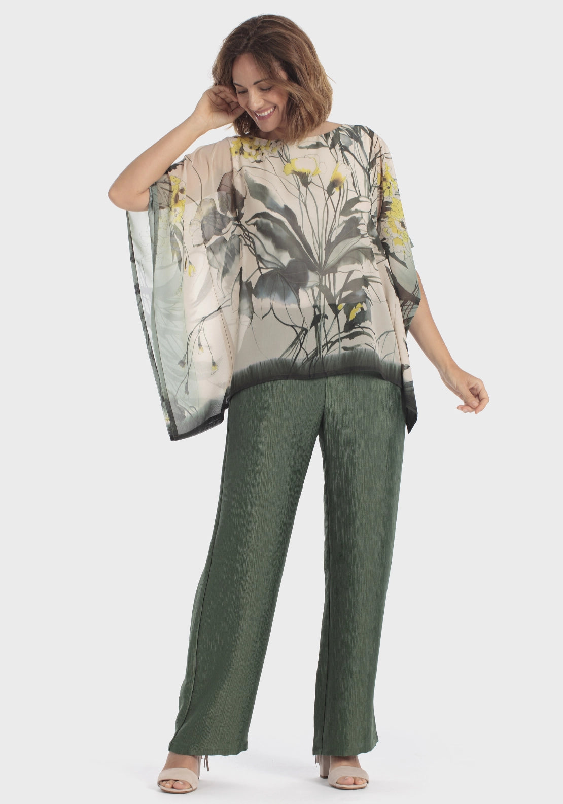 Punt Roma Floral Print Cape Blouse - Green 3 Shaws Department Stores