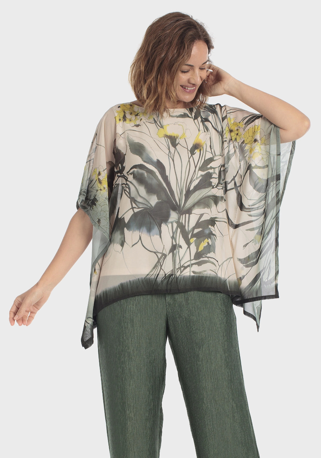 Punt Roma Floral Print Cape Blouse - Green 1 Shaws Department Stores